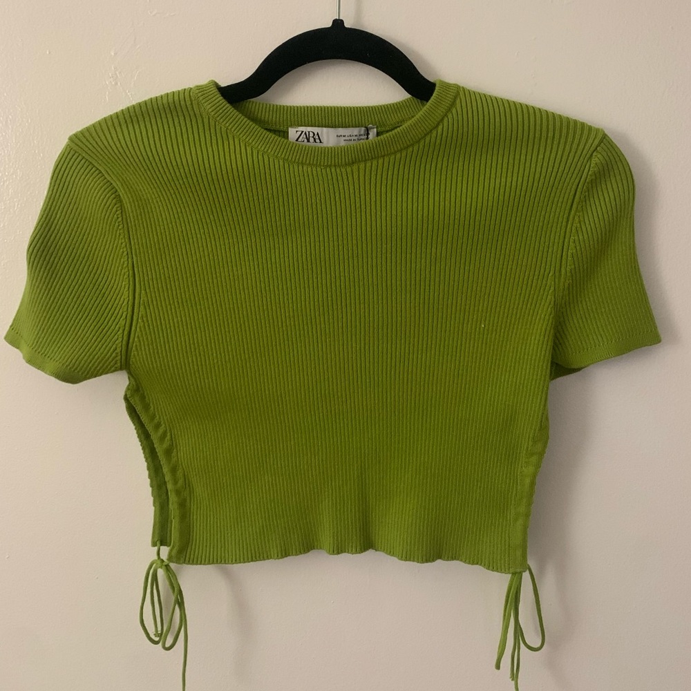 ZARA Ribbed Green Crop Top with Tie Sides